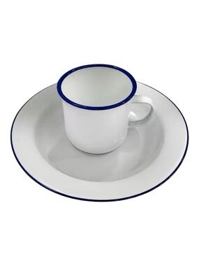 2 of the Park White Enamel Cup and Plate with Blue Rim - Classic Dining Set